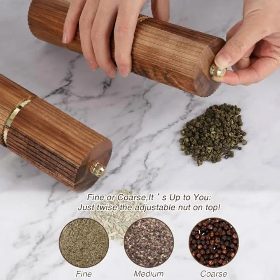 Refillable Wooden Salt and Pepper Grinder Set with Adjustable Coarseness Acacia Wood Pepper Mill Manual Matching Wooden Tray Bl