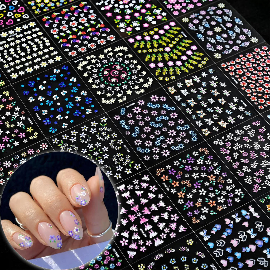30 Sheets Flower Nail Stickers Colorful Nail Decals for Nail Art 3D Self Adhesive, Floral, Heart, Nail Art Stickers Decals