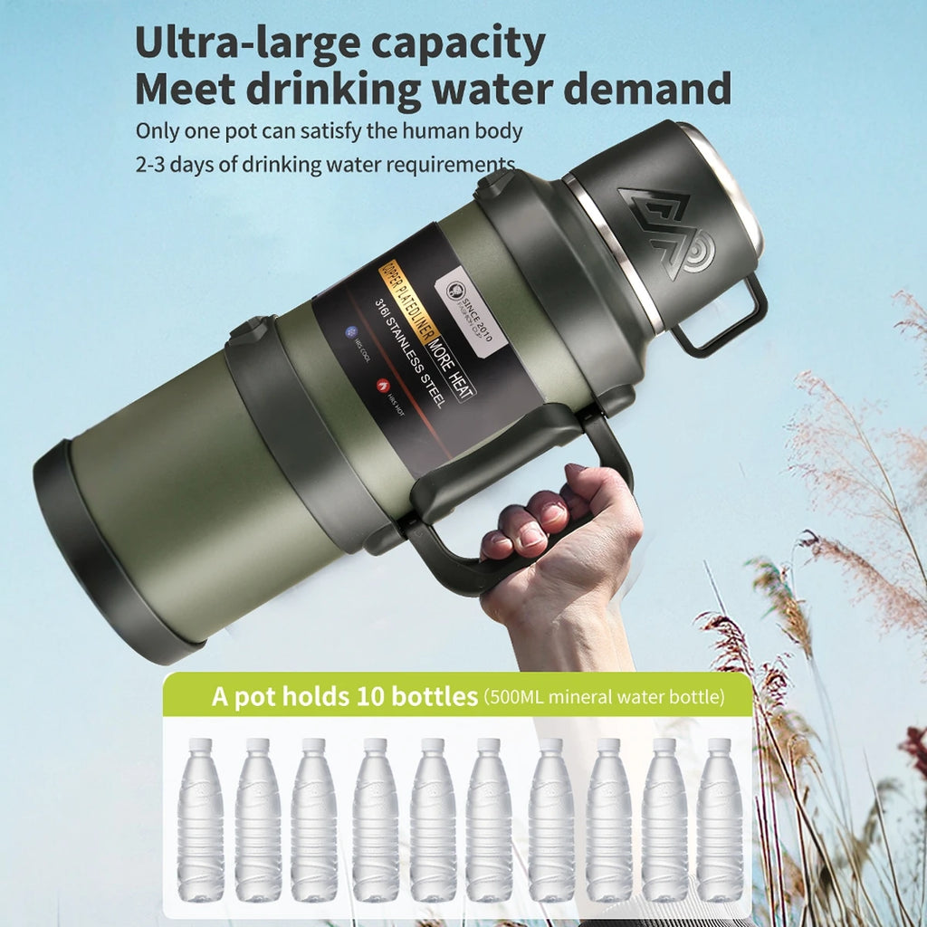Stainless Steel Thermos Bottle with Handle Outdoor Portable Large Capacity Thermal Water Bottle ,Keep Hot and Cold for 72H