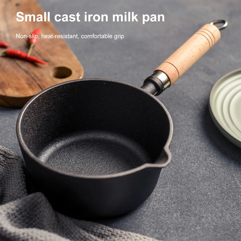 Non-Stick Cooking Saucepan with Pour Spout Cast Iron Hot Oil Pan Wooden Handle Butter Warmer for Pouring Oil Milk Heating Frying