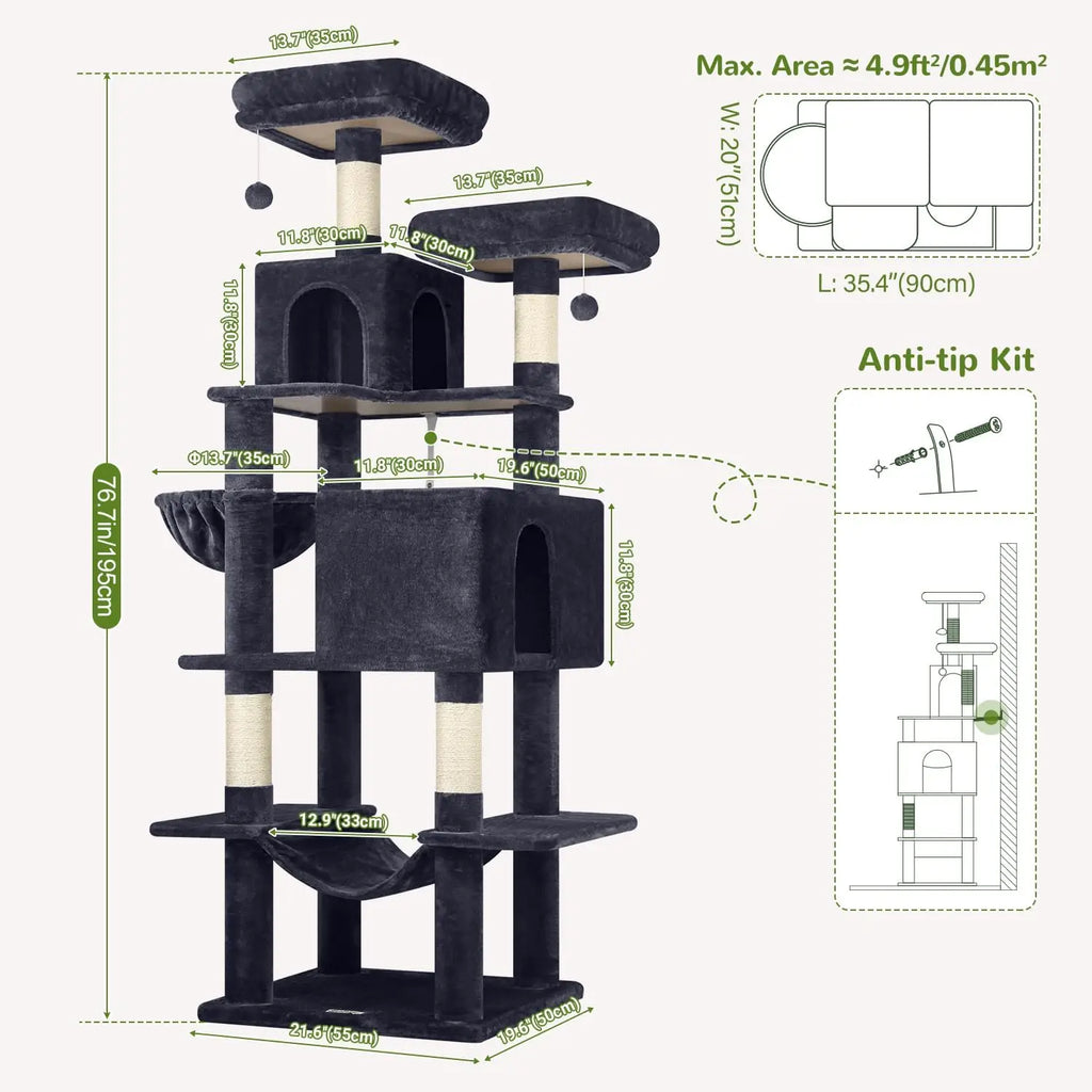 76-Inch Tall Cat Tree Tower with Condos, Hammock & Perches for Adult Cats - Multi-Level Furniture for Climbing & Play