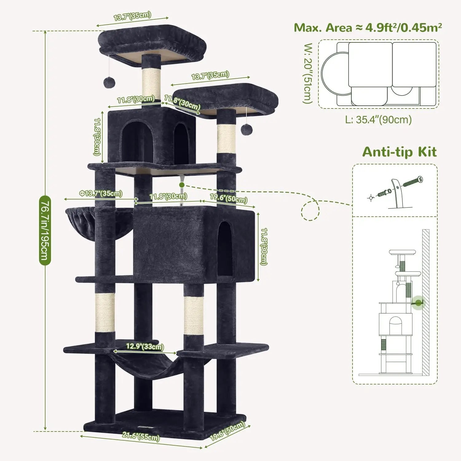 76-Inch Tall Cat Tree Tower with Condos, Hammock & Perches for Adult Cats - Multi-Level Furniture for Climbing & Play