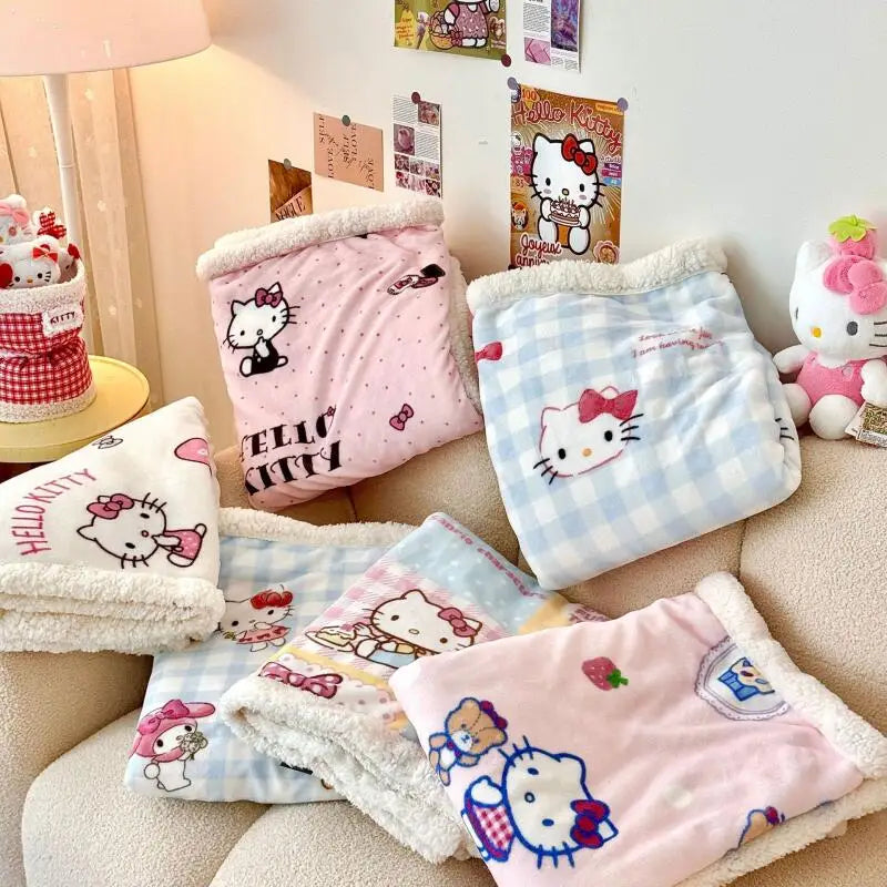 Sanrio New Thickened Plush Blanket Multifunctional Hello Kitty Kuromi Kindergarten Cartoon Nap Blanket Four Seasons Cute Blanket