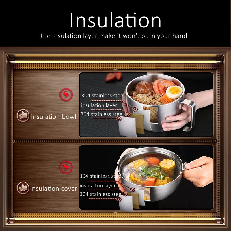 3 in 1 304 Stainless Steel Instant Noodle Bowl LFGB Certification 1100ml Ramen Bowl with 800ml Cover Heat Insulation Dinerware