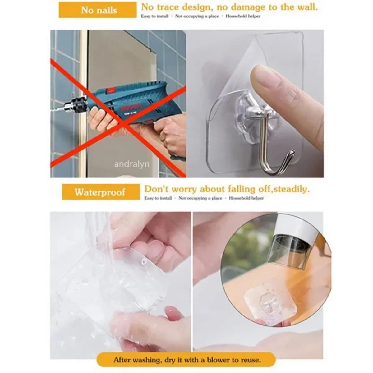 10 lbs Heavy-Duty Repositionable Hooks – Stainless Steel, No Damage, Dry Surface Only, for Towels & Robes