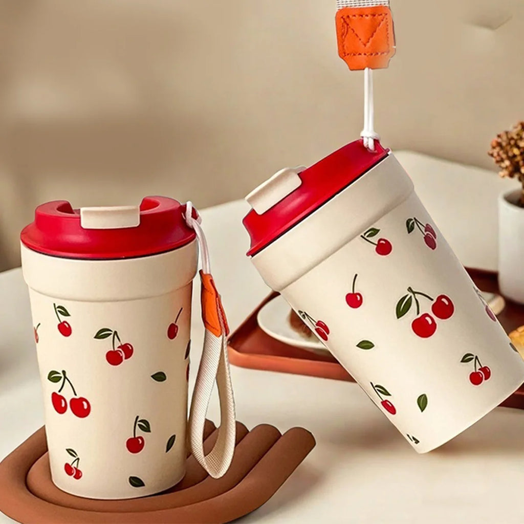 350/400ml Tumbler Plastic Water Cup With Rope Cherry Pattern Milk Coffee Mug Reusable Water Bottle For Student School Travel