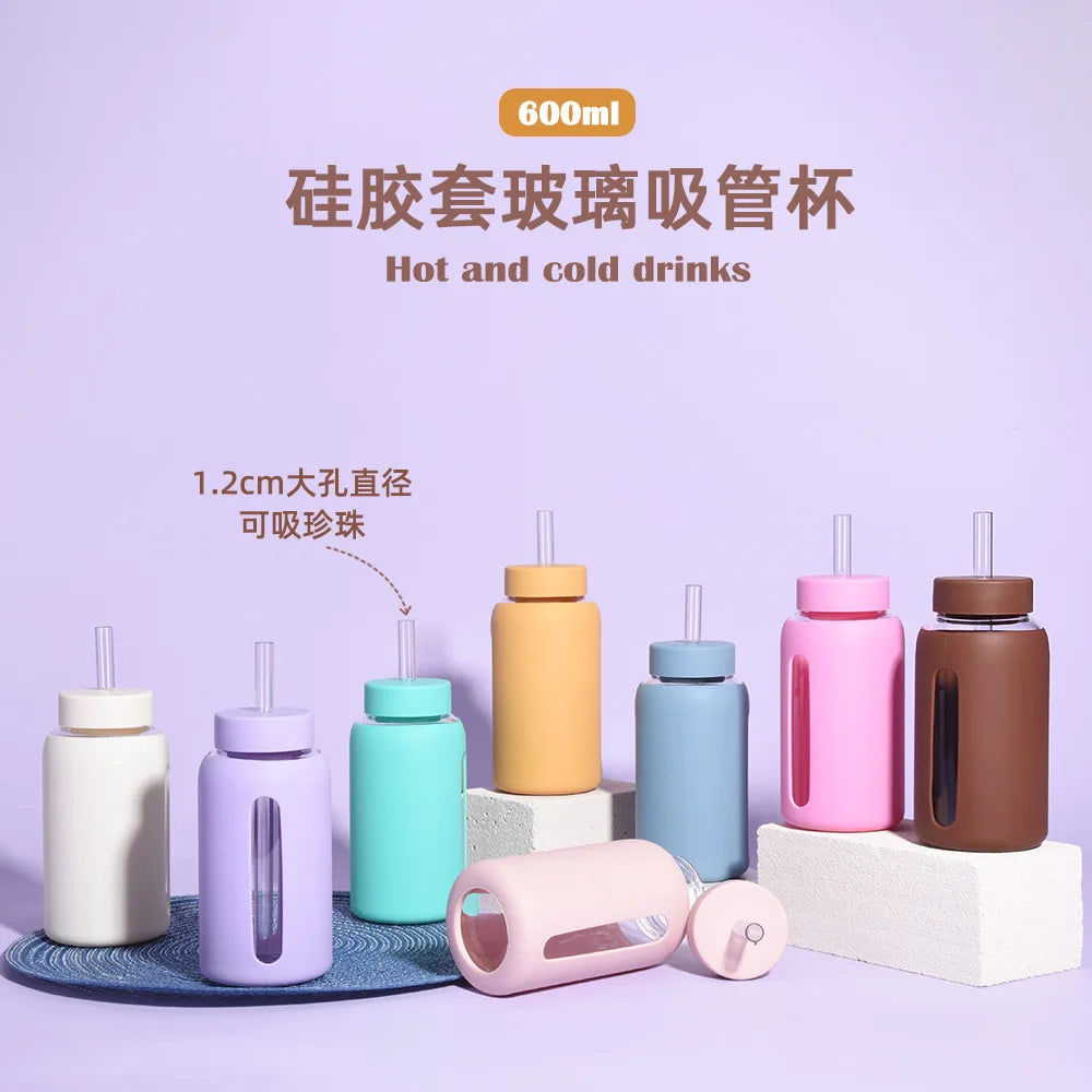 600ml Large Capacity Single-layer Glass Water Bottle with Silicone Sleeve,Time Scale And Straw,Drinkware,Portable Outdoor Cup