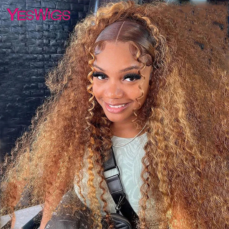 HD 13x6 Brown Lace Front Wig Honey Blonde Deep Curly Human Hair Wigs Highlight Wig 100% Human Hair Water Wave Lace Frontal Wig