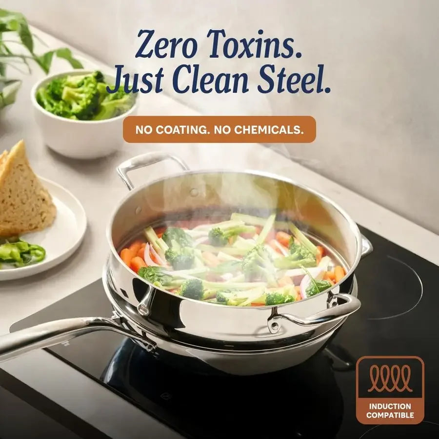 5Ply Stainless Steel Cookware Set, 12Piece Pots and Pans Set Induction Compatible, Oven Safe 800F NonToxic, No Coatings Built t