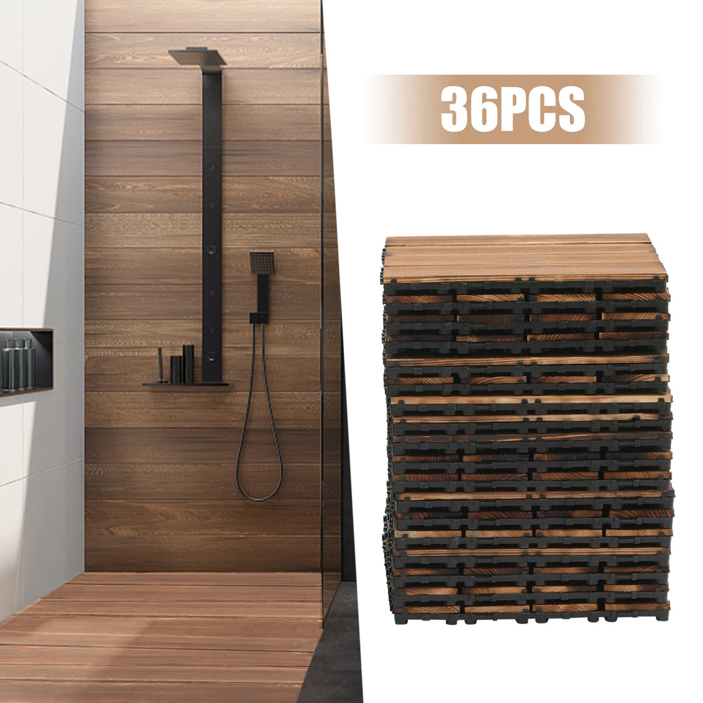 36Pcs/Set 30x30cm Wooden Balcony Patio Tiles, Indoor Outdoor Interlocking Non-slip Waterproof Flooring Deck Tile Pavers Brown