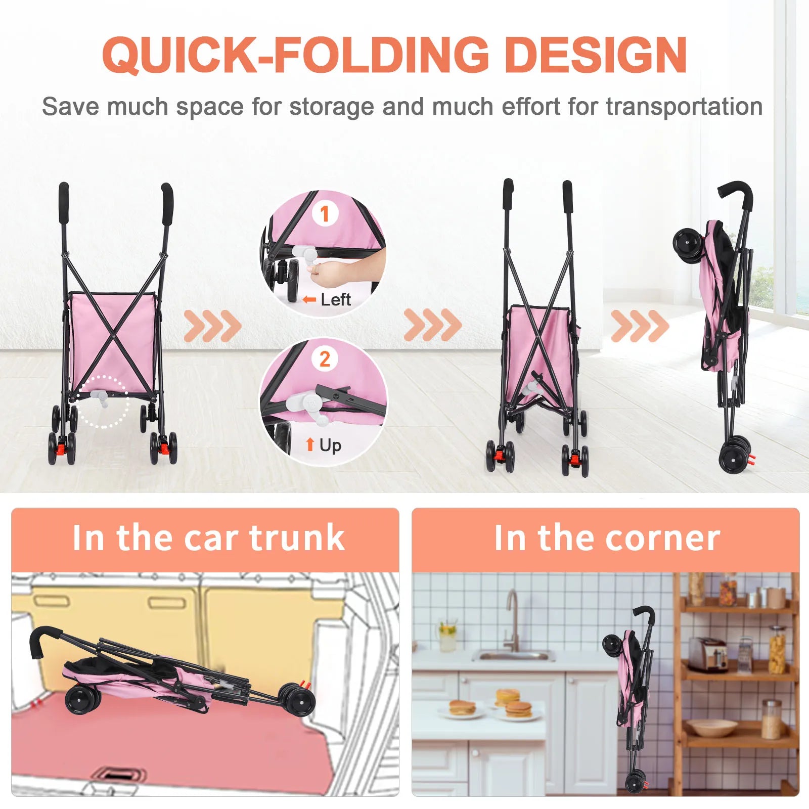 Wedyvko Shopping Trolley 33lbs 4 Wheels Dog Stroller Rotate Pink Pet Puppy StrollerTravel Hand Cart Folding einkaufswagen