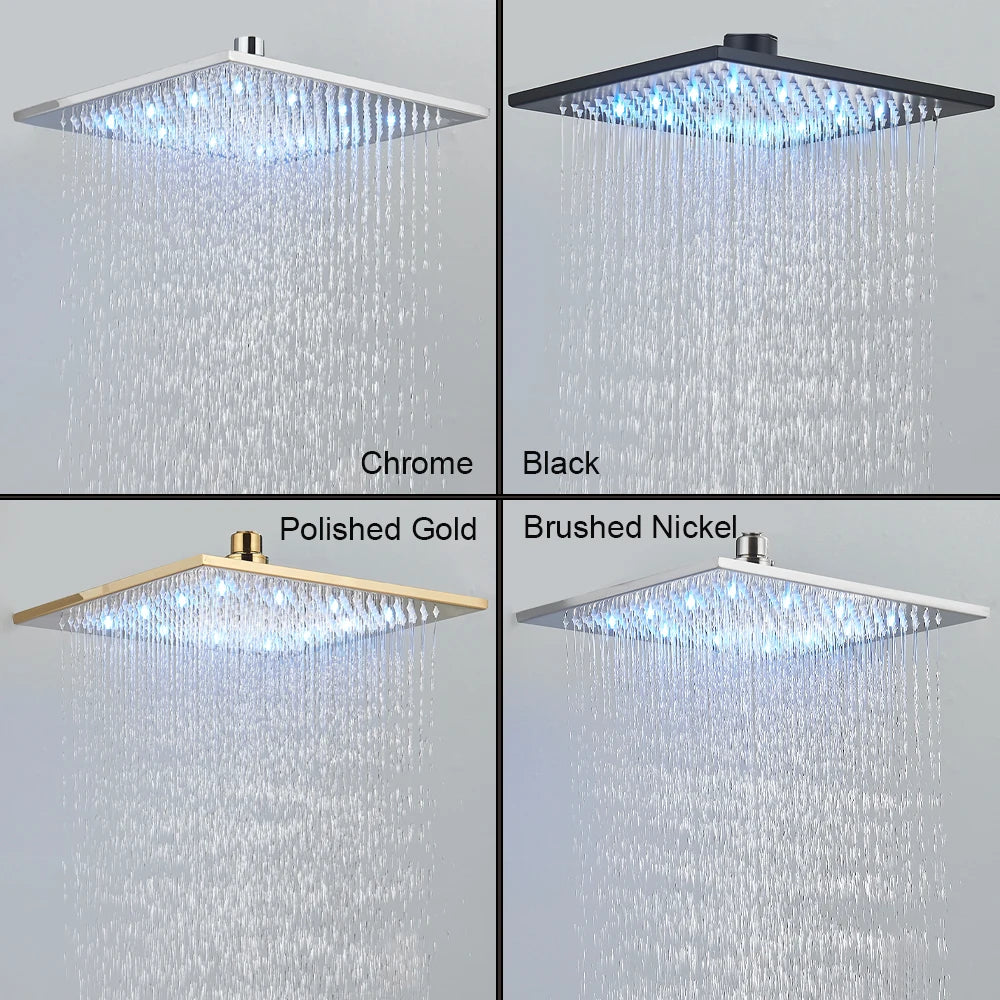 16 inch/40cm Black Rainfall Shower Head LED Light 16" Large Rainfall Faucet Head Square Brass Showerhead 3 Color Changing Head