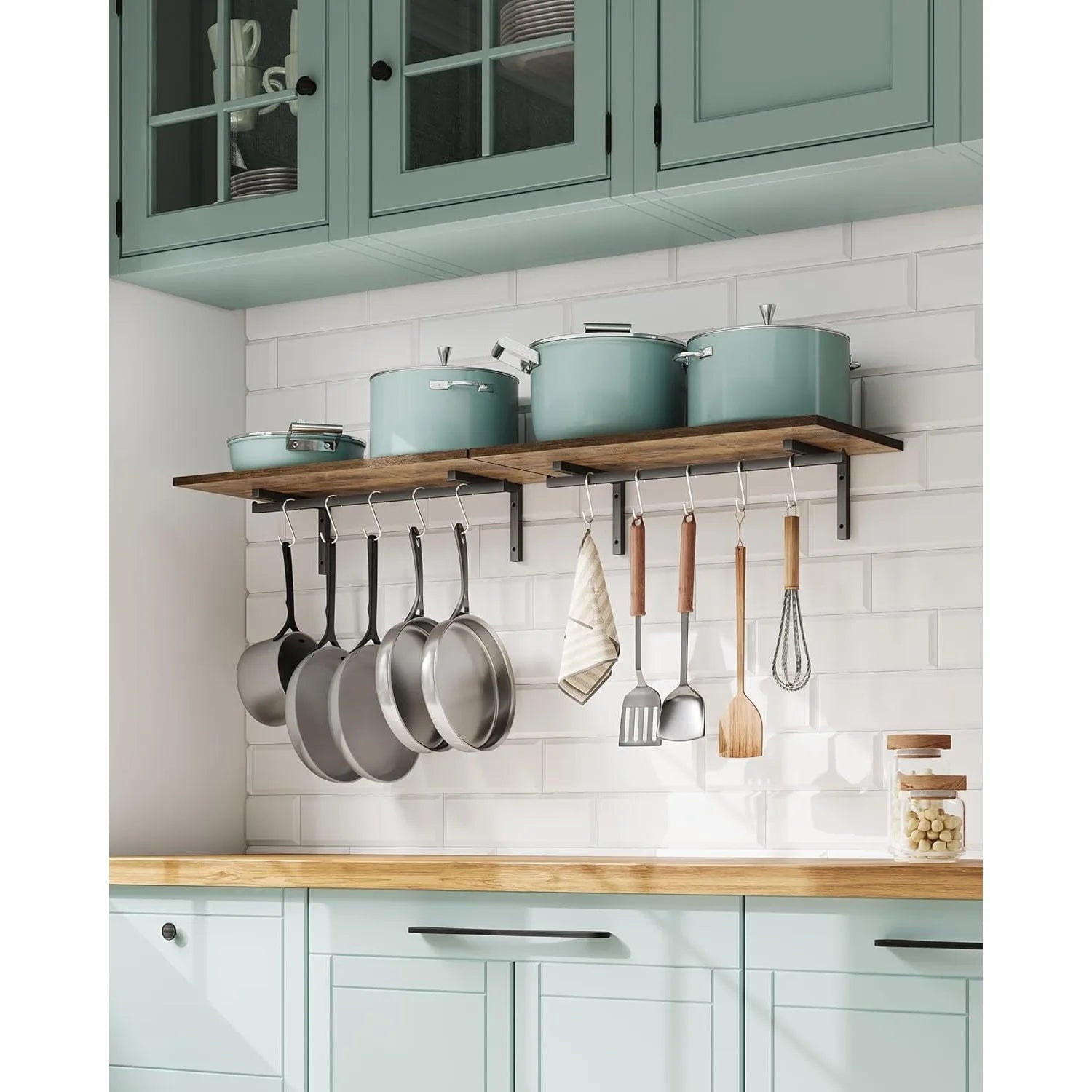 2 Pack Wooden 23.6'' Pot Pan Hanging Rack Wall Mounted with 10 S Hooks, Set of 2 Large Pot Wall Holder Kitchen Shelves.