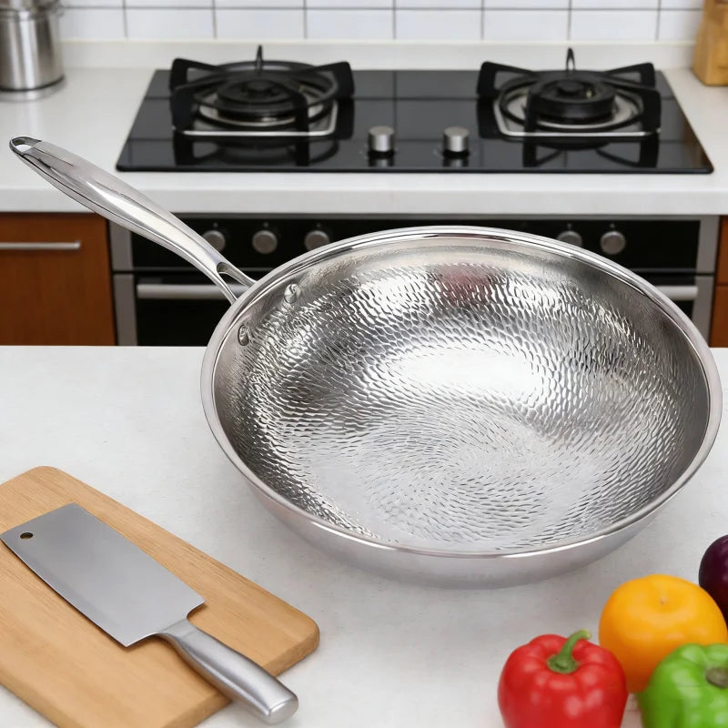 JUSTINLAU 32/34cm Frying Pan Wok Stainless Steel Non-stick Frying Pan Titanium Spray Fish Scale Hammer Pattern Kitchen Cookware