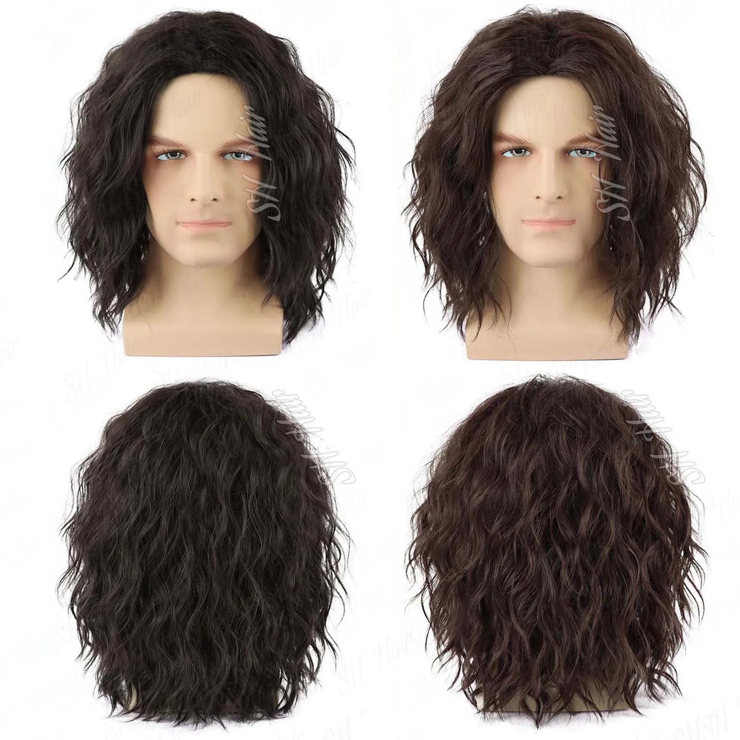 Synthetic Mens Black|Brown Curly Wig Middle Part 70s 80s Funny Wig for Retro Halloween Party Cosplay Use,Eric Draven|Aragorn Wig