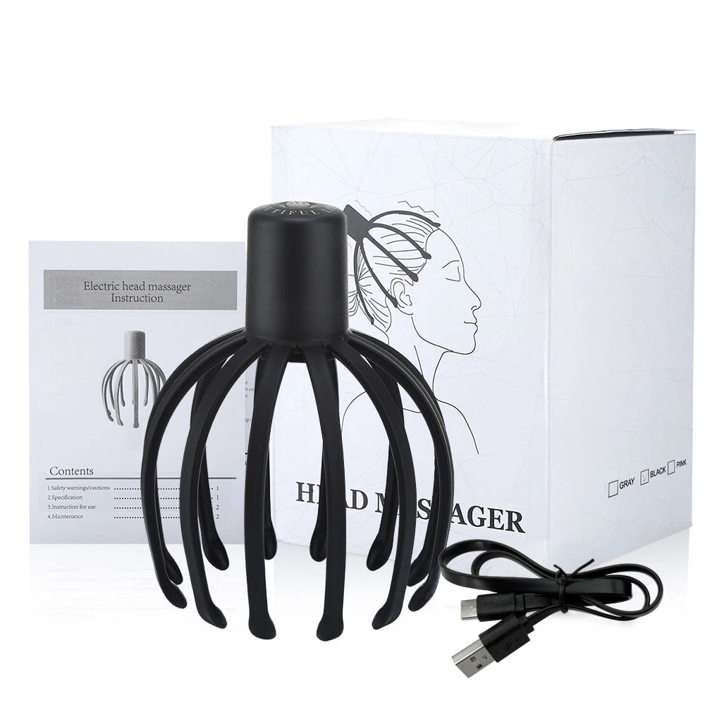 Electric Octopus Claw Scalp Massager with 12 TPE 3D Arms 3 Speed Gears USB Charging 15-Min Auto-Shutoff Stress Fatigue Relief