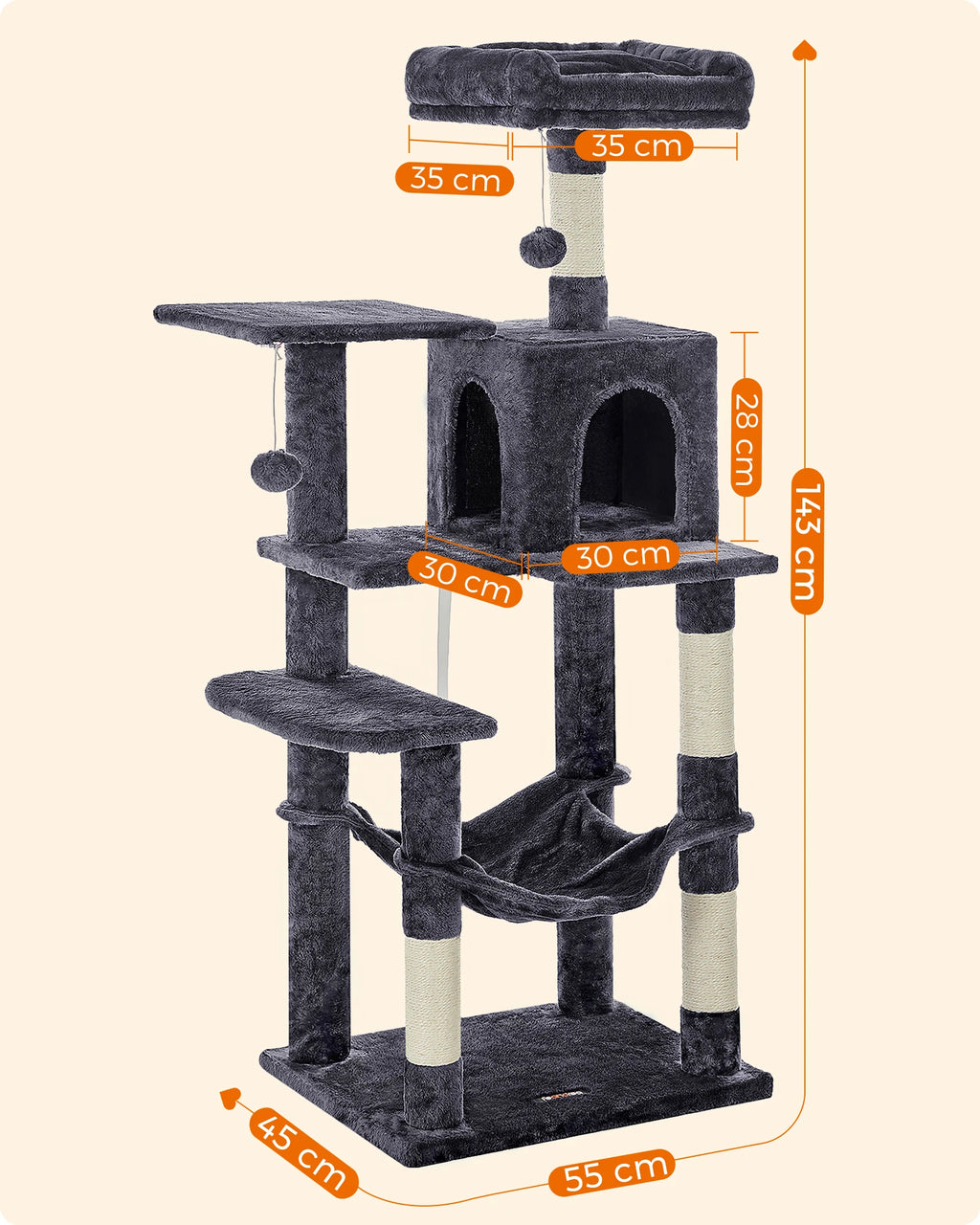 Feandrea Cat Tree, 143 cm Cat Tower for Indoor Cats,  Cat Condo with 4 Scratching Posts, 2 Perches,  Pompoms