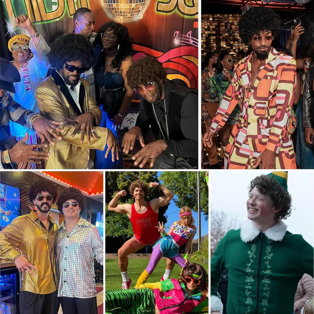 Synthetic Mens Short Afro Curly Wig With Glass for Male 70s 80s Disco Guy Rocker Halloween Cosplay Fancy Daily Party Costume