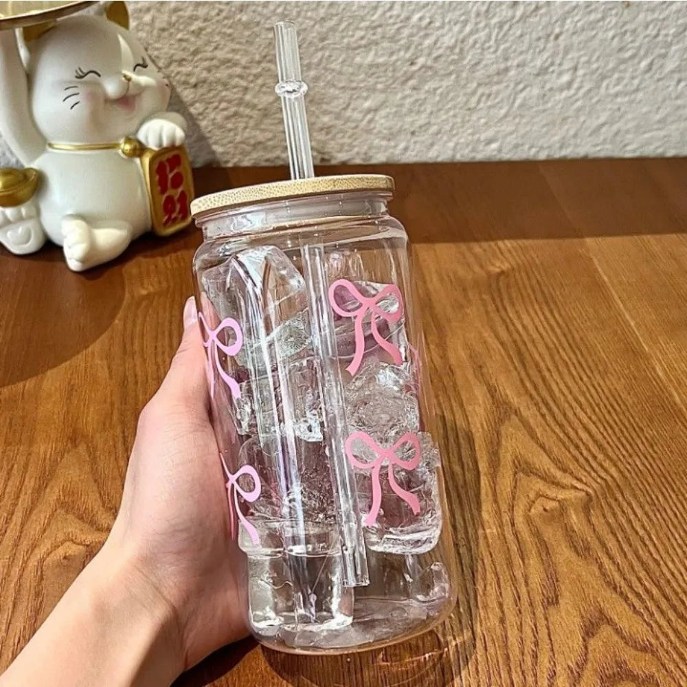 500ml Cute Bow Mason Jar Glass Tumbler with Lid and Straw for Iced Coffee Juice Party Gift Reusable Cup