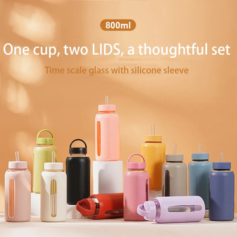 800ml Large Capacity Glass Cup, Double Lids,Silicone Sleeve,Anti-hot Heat Insulation,Outdoor Portable,Graduated Water Bottle,Mug