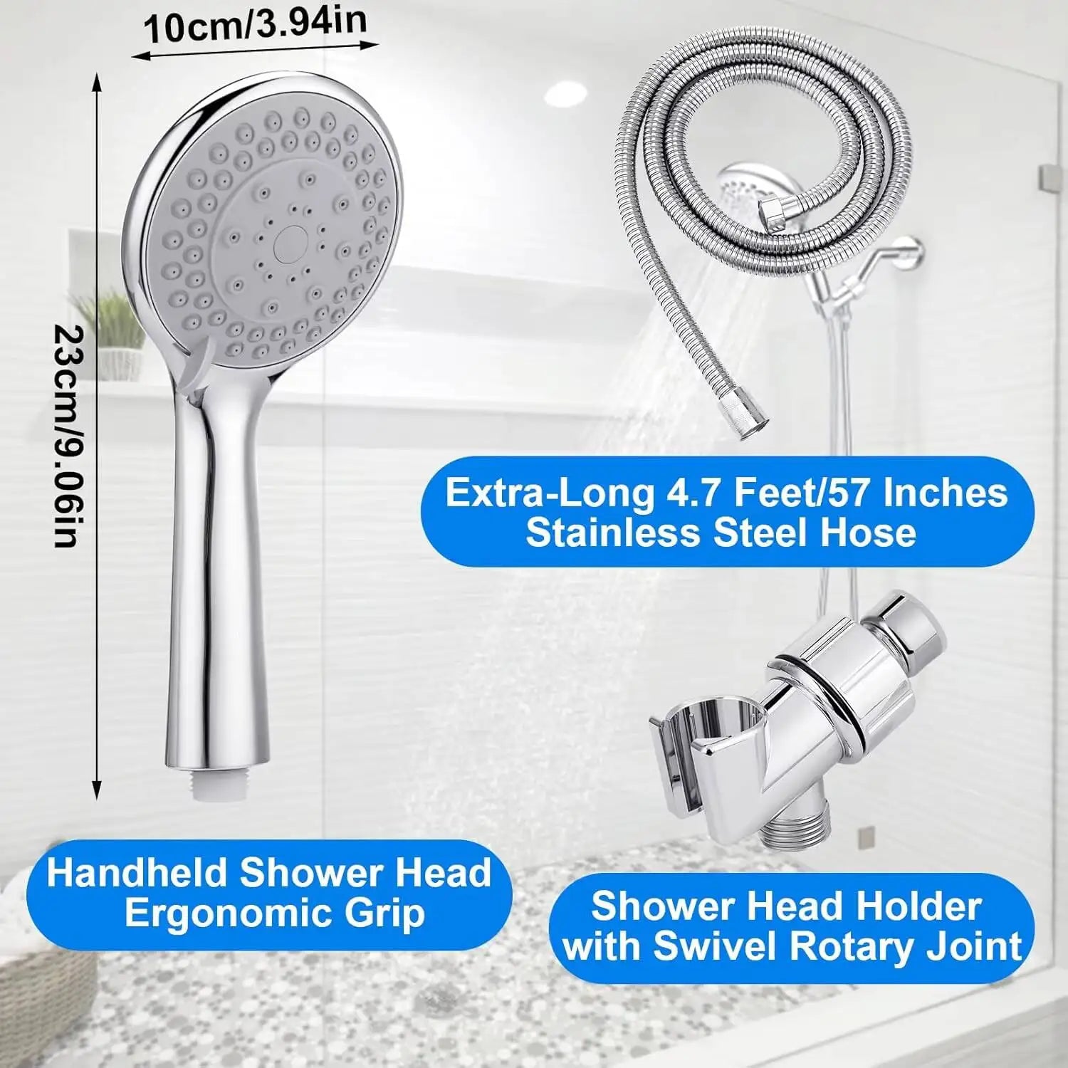 Detachable Handheld Head With - High Pressure 5 Functions Showerheads Hand Held Shower Heads,Extra Long 4.7 Ft. Stainless Steel