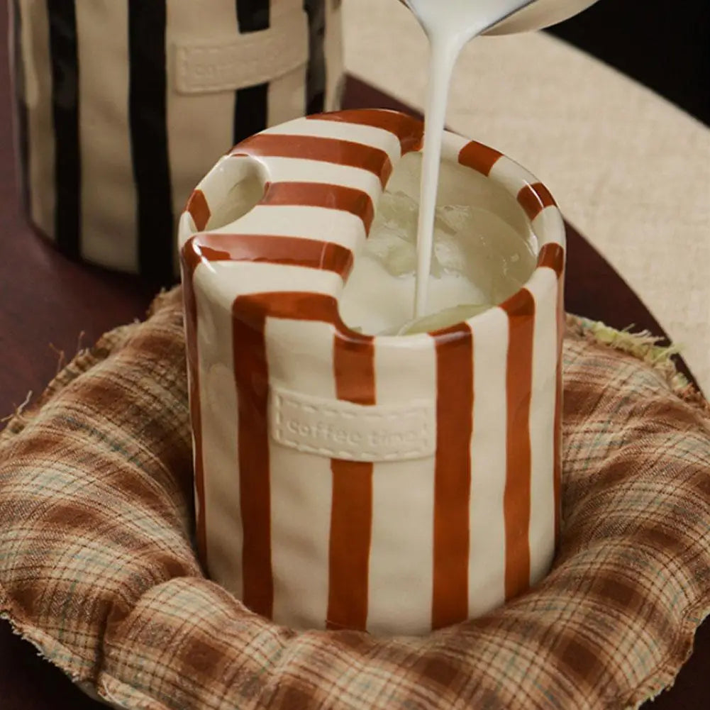 Vintage Striped Ceramic Mug Creative Double Spout Sharing Couple Cup For Coffee & Tea, Office Breakfast Cup