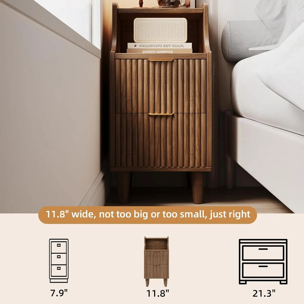 Fluted 2-Drawer Nightstand Set Slim Wooden Mid Century Modern Side End Table for Bedroom Living Room Office, Customized