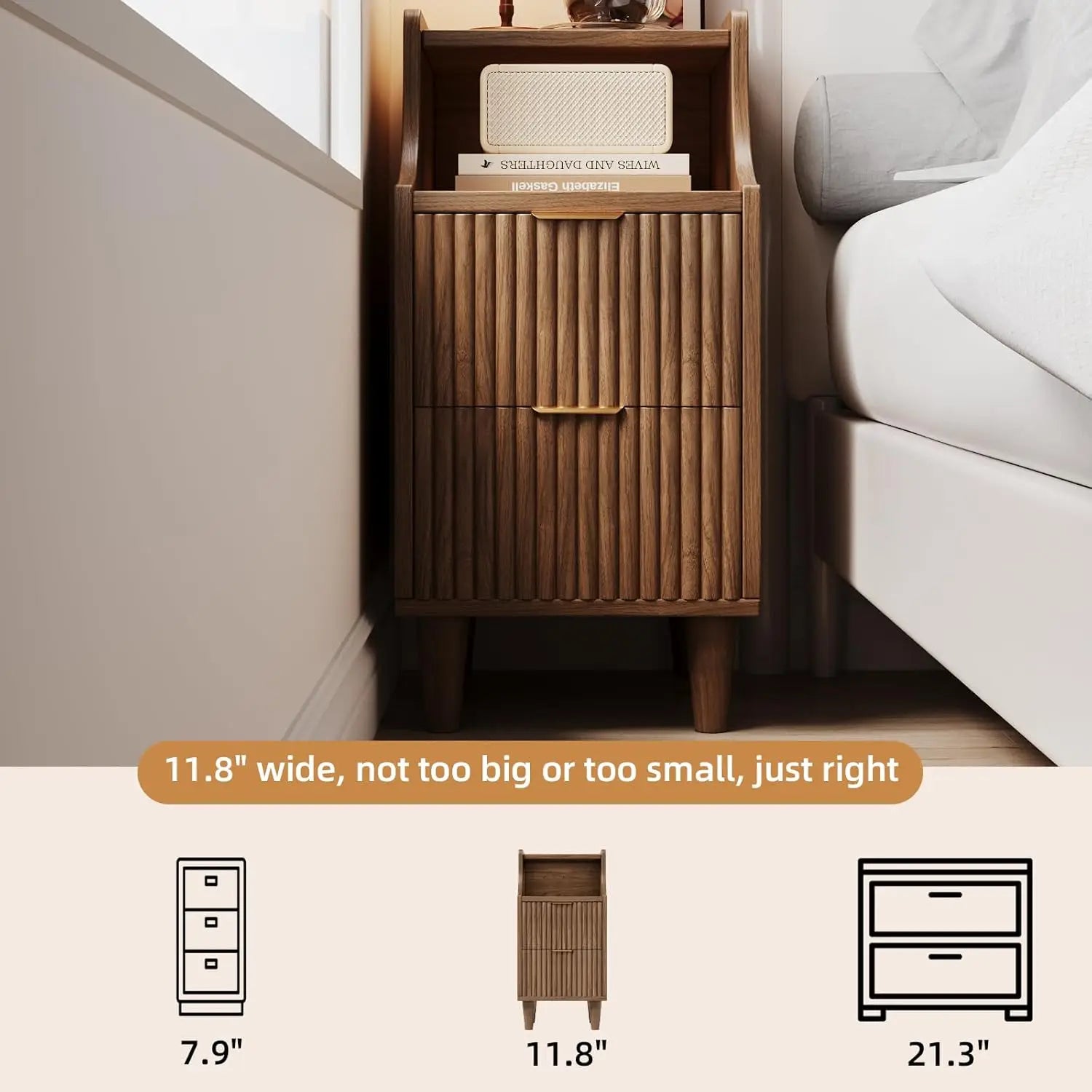 Fluted 2-Drawer Nightstand Set Slim Wooden Mid Century Modern Side End Table for Bedroom Living Room Office, Customized