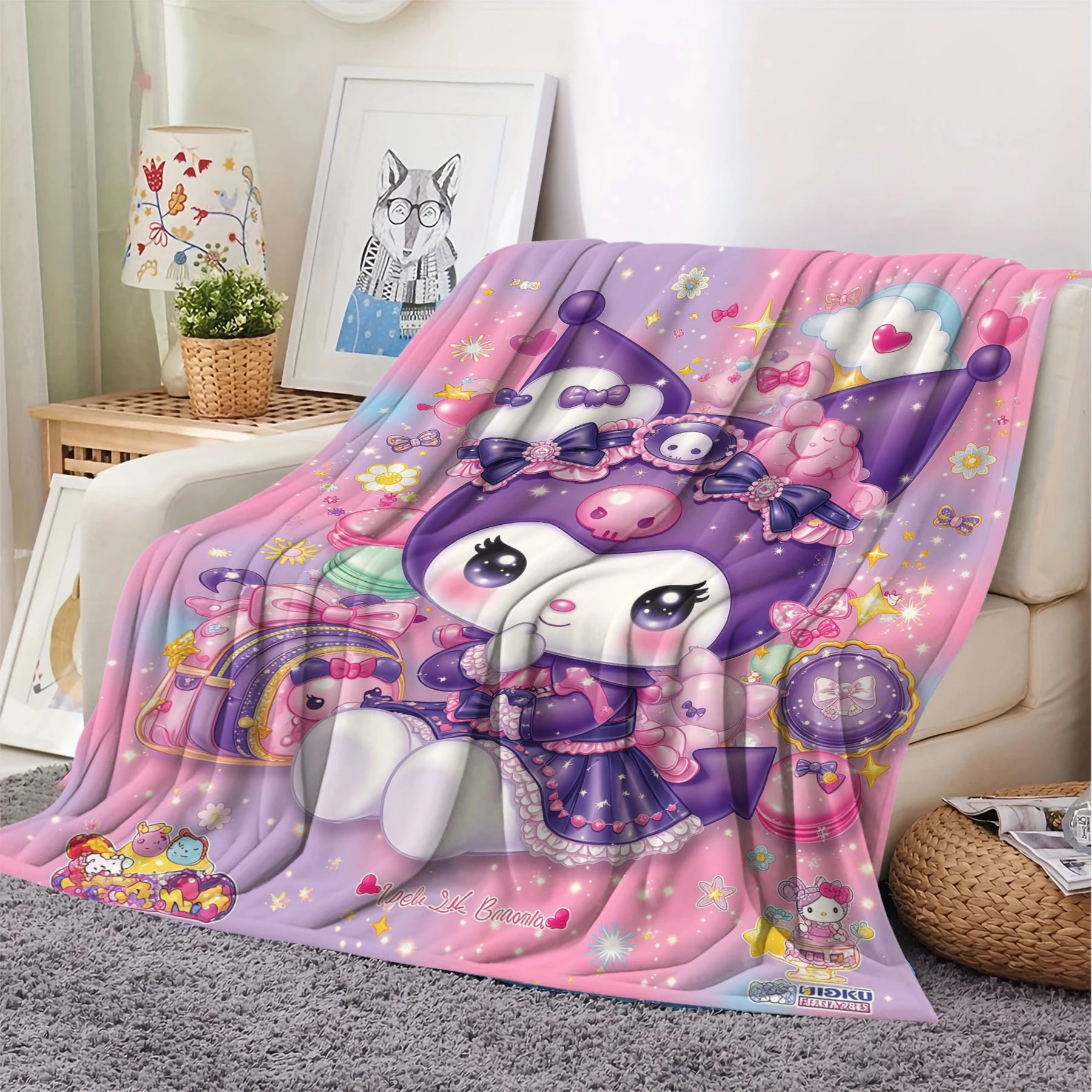 Kuromi Lolita Style Cartoon Blanket Cute Girlish Heart Flannel Throw Blanket Nap Blanket For Home Office Travel All-season Use