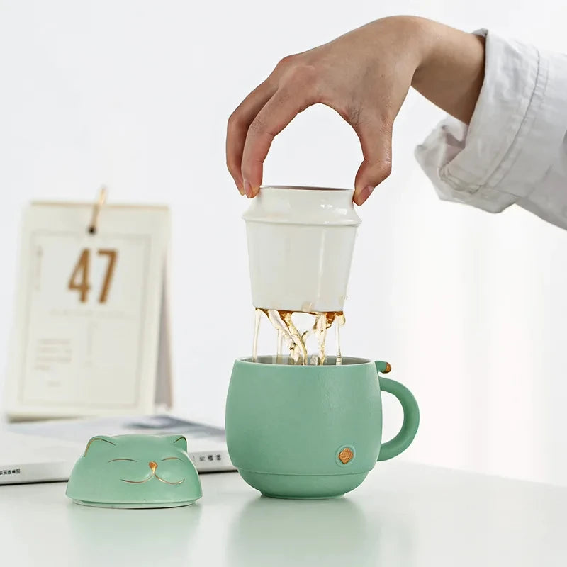 300ML Portable Tea Mug Travel Set For Business Trip Carry Water Cup Filter Quickly Brew Utensils Drinkware Lucky Cat