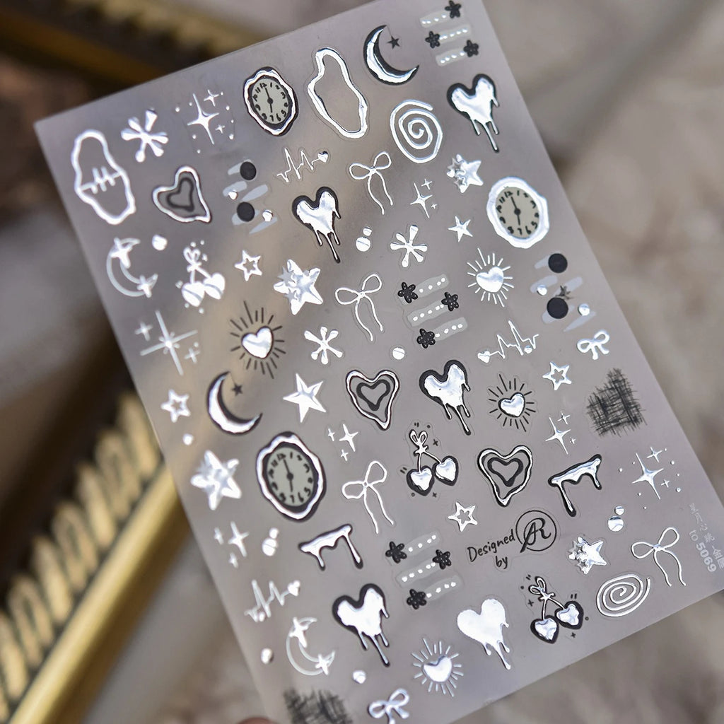 Silver Lava Annual Ring Cherry Clock Watch Starburst Love Heart Rate Chart Moon Star Line  Bowknot Line Nail Art Stickers Decals