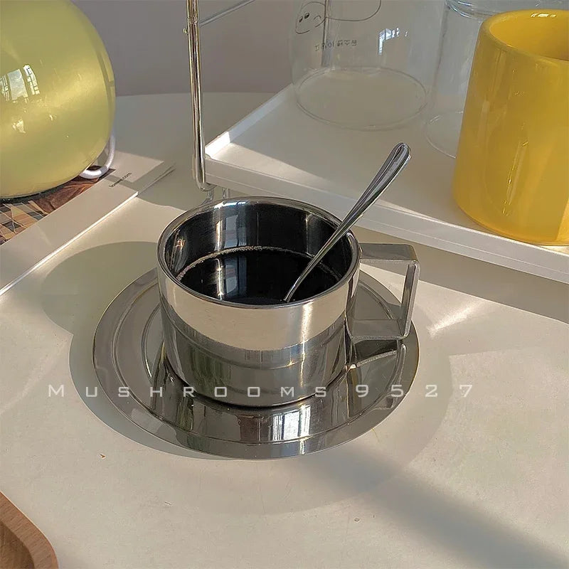 British Style 304 Stainless Steel Coffee Cup Dish Spoon Industrial Style European Three Piece Latte Cup Concentrated Milk
