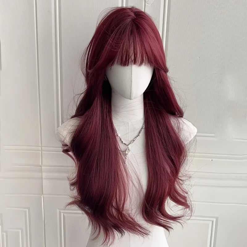 Red wine color synthetic wig with big waves for Halloween party, Cosplay wig, everyday wig, high-temperature hair fiber wig set