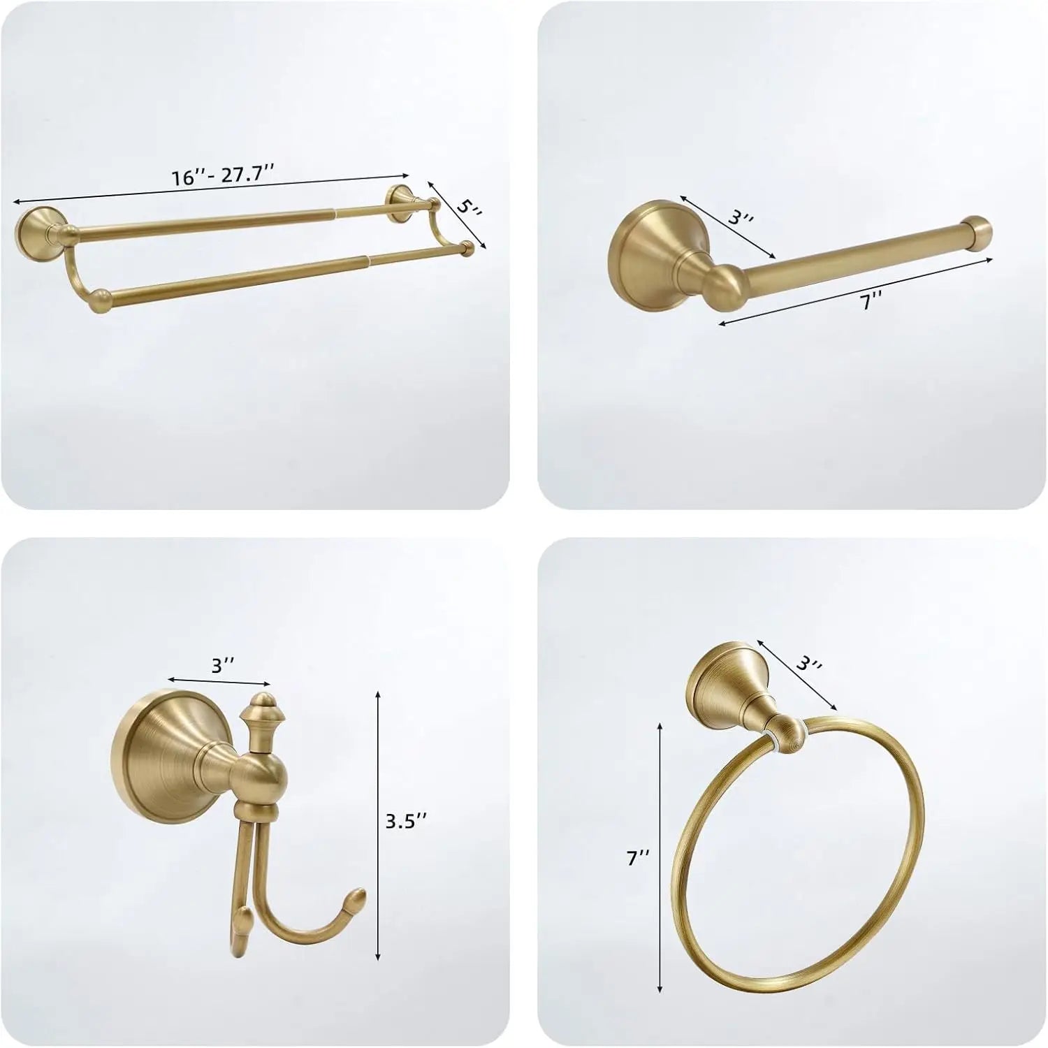 Antique Brass Bathroom Set: Adjustable Towel Bar, Toilet Paper Holder, Towel Ring & Robe Hook - Solid Brass, Rust-Resistant