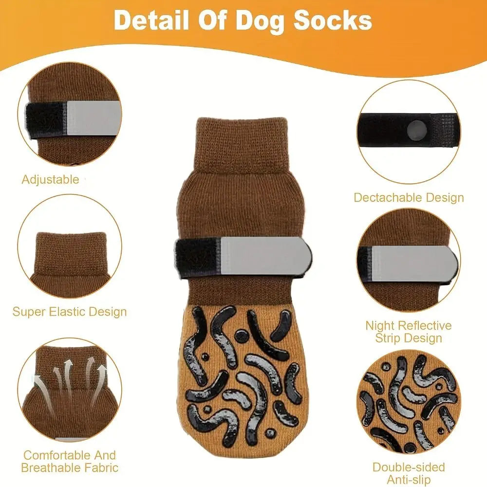 4PCS Anti-Slip Cozy Dog Socks Adjustable Band Anti-Scratch Paw Protection Socks Soft Cotton Strong Grip Pets Knitted Socks