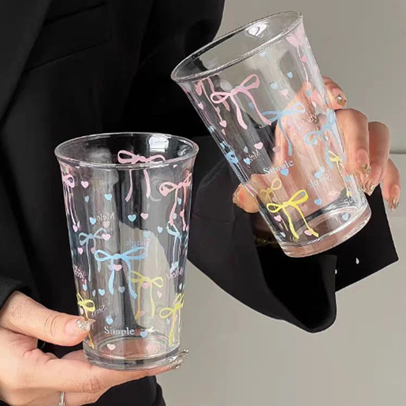 Glass Cute Water Cup Cartoon Bow Glass Cup Striped Cute Doodle Coffee Mug Household Fruit Tea Lemonade Girls Gift