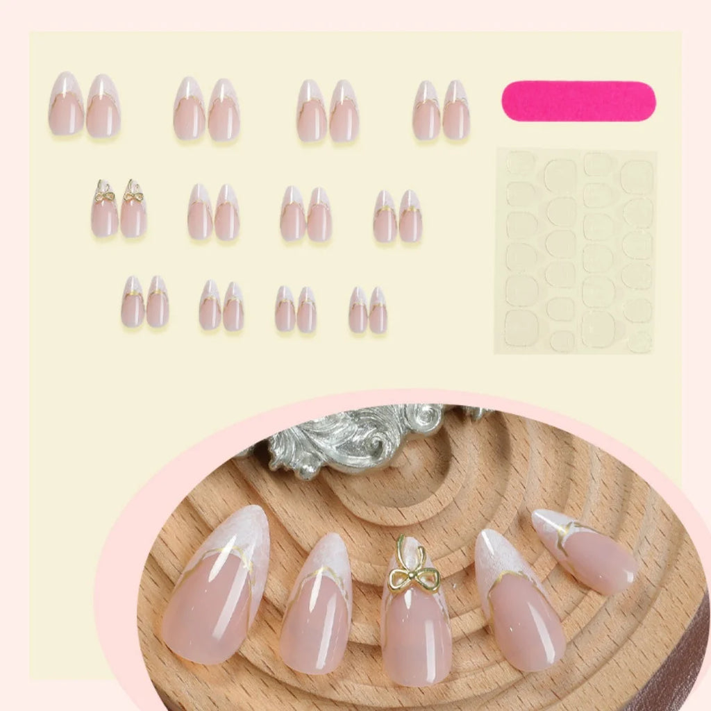 French Gold Edge Bow Press On Nails Almond Shape, Sweet Cute Women's False Nails Glue On Nail Tips