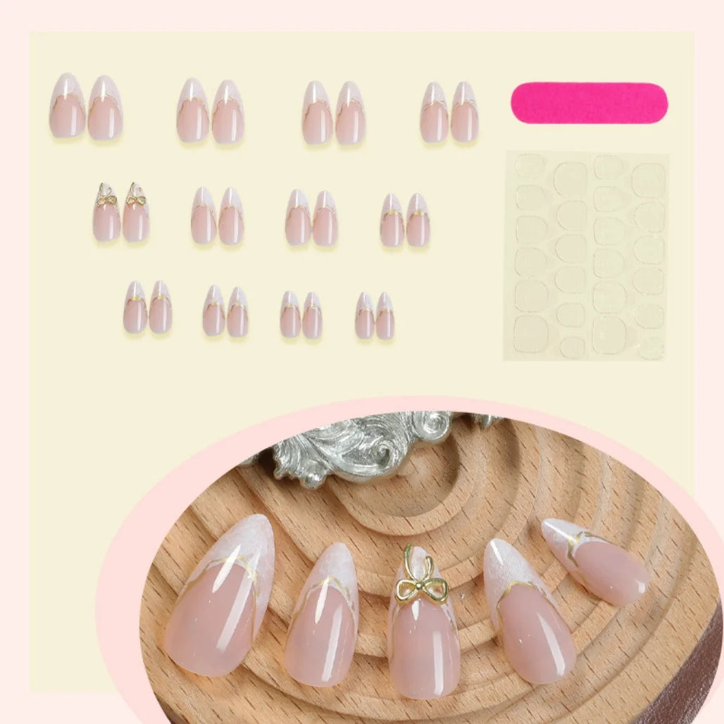 French Gold Edge Bow Press On Nails Almond Shape, Sweet Cute Women's False Nails Glue On Nail Tips