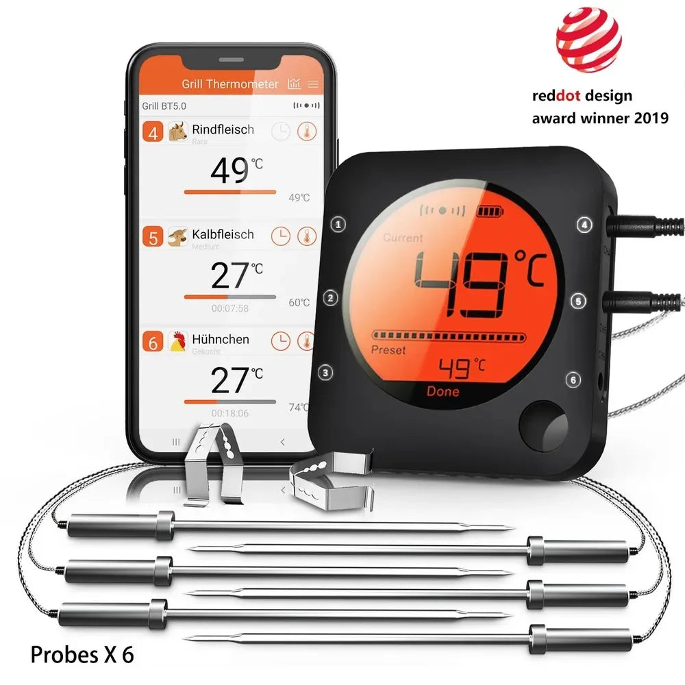 Bluetooth Meat Thermometer Digital BBQ Kitchen Thermometer Support 6 Probe for Smoker Cooking Grill Oven Candy