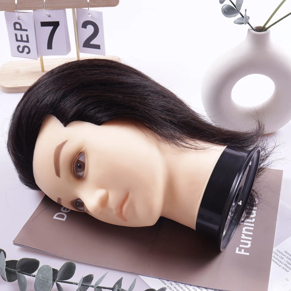 Male 100% Human Hair Mannequin Head Wig Stand With Tripod For Hairdressers Salon Hairdressing Male Training Heads Manikin Doll