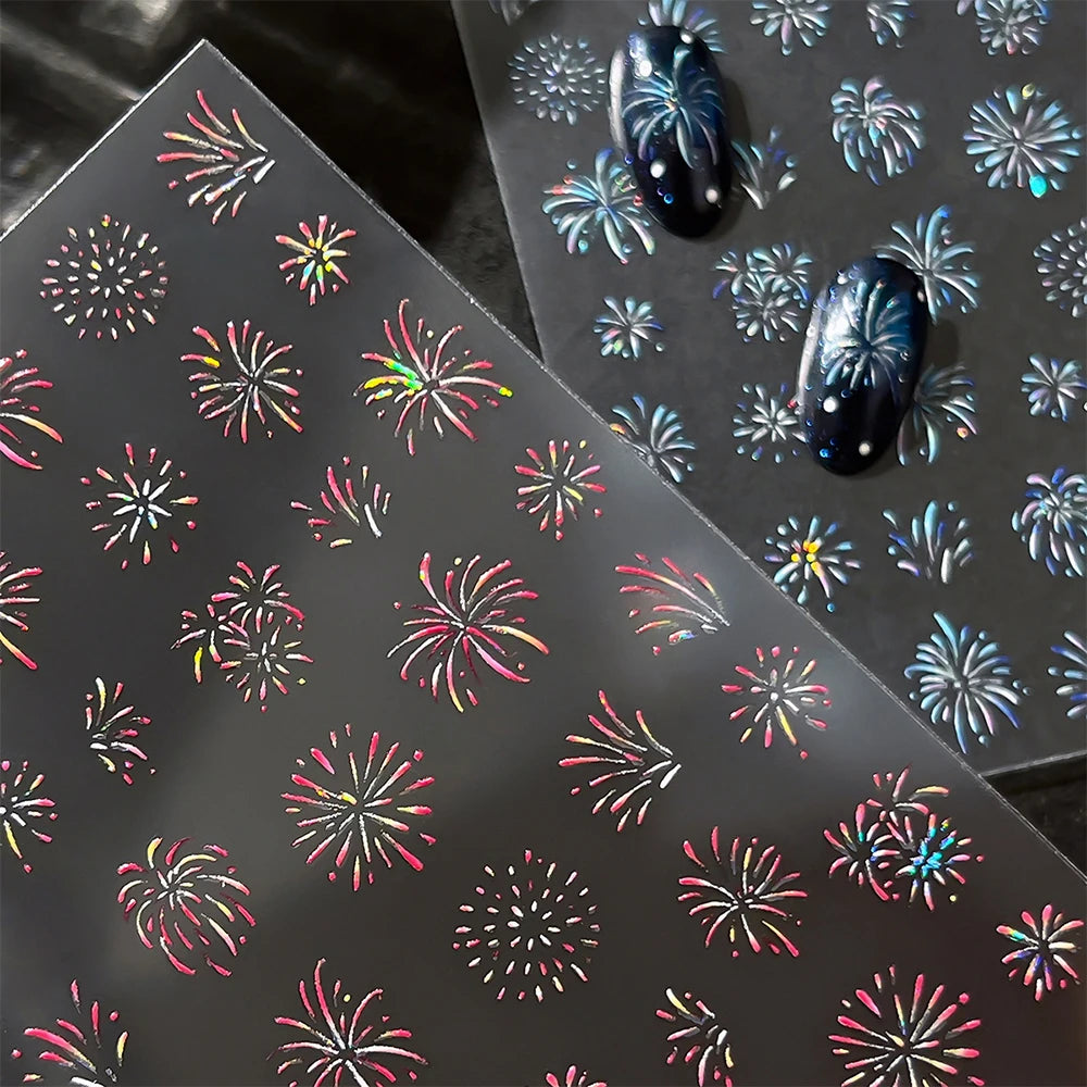 1Pc Laser Blooming Firework Nail Art Stickers 3D Firework Self-Adhesive Sliders New Year Nail Decals Manicure Decoration