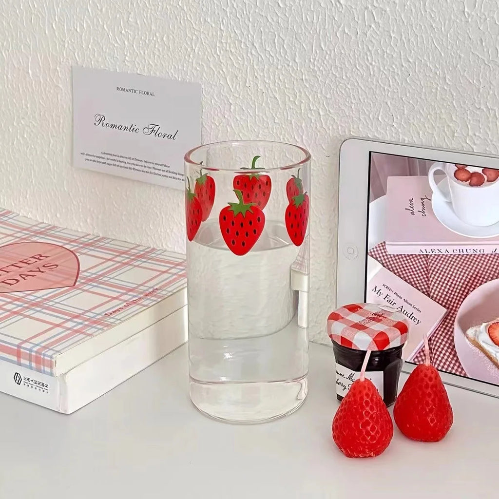 360ml Strawberry Cute Glass Cup With Straw Creative Transparent Water Cup Student Milk Heat Resistant Glass Nana