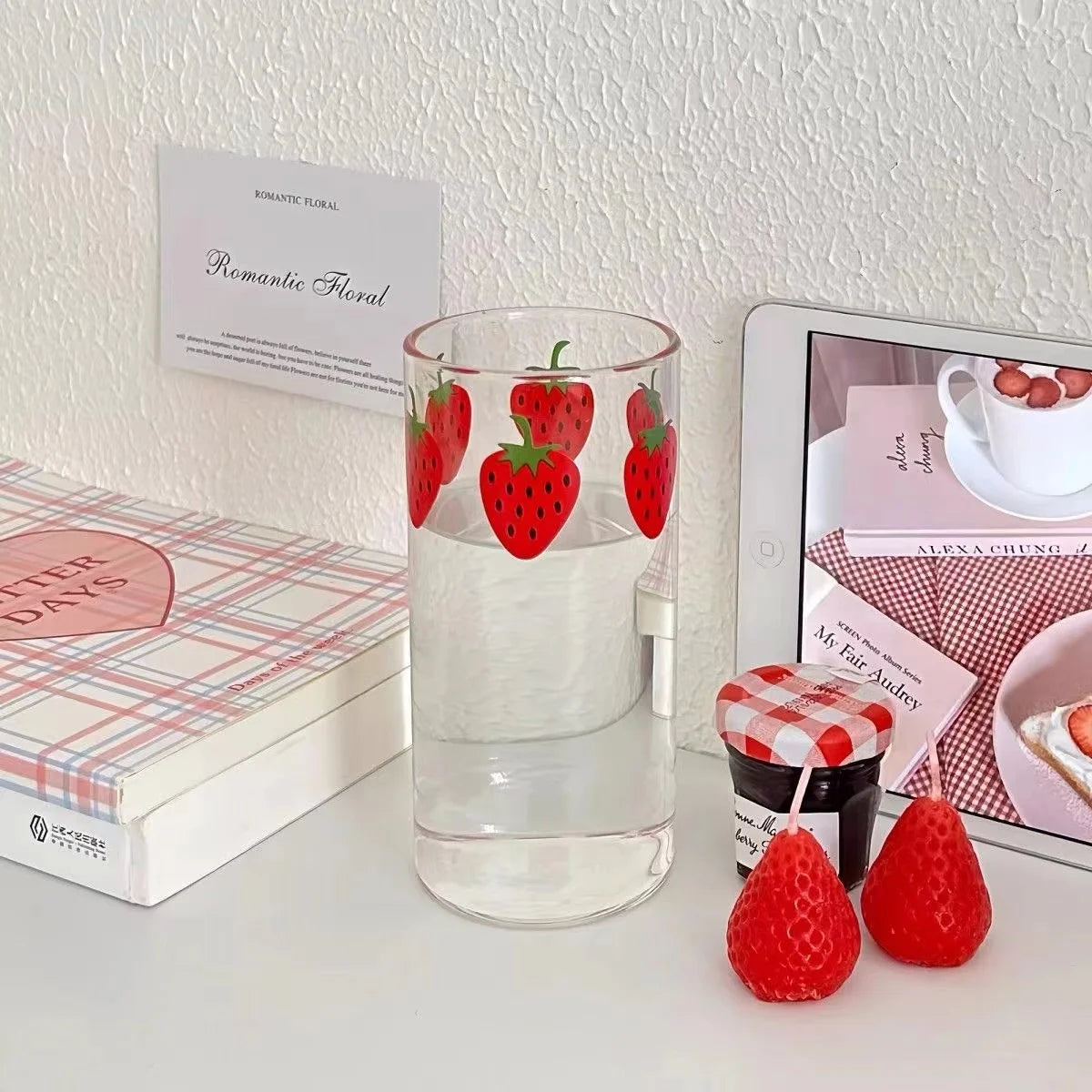 360ml Strawberry Cute Glass Cup With Straw Creative Transparent Water Cup Student Milk Heat Resistant Glass Nana