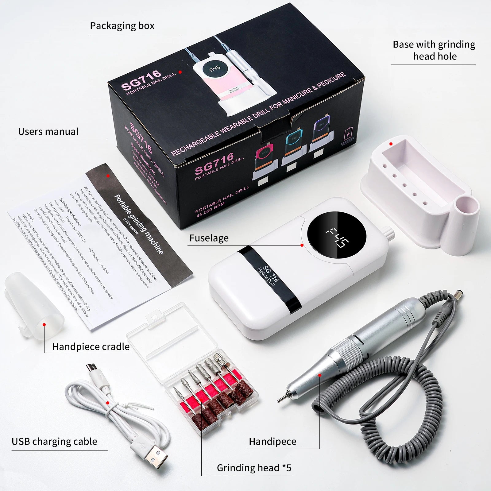 45000RPM Rechargeable Electric Nail Drill Professional Nail Polishing Machine Low Noise Nail Sander File For Manicure Salon