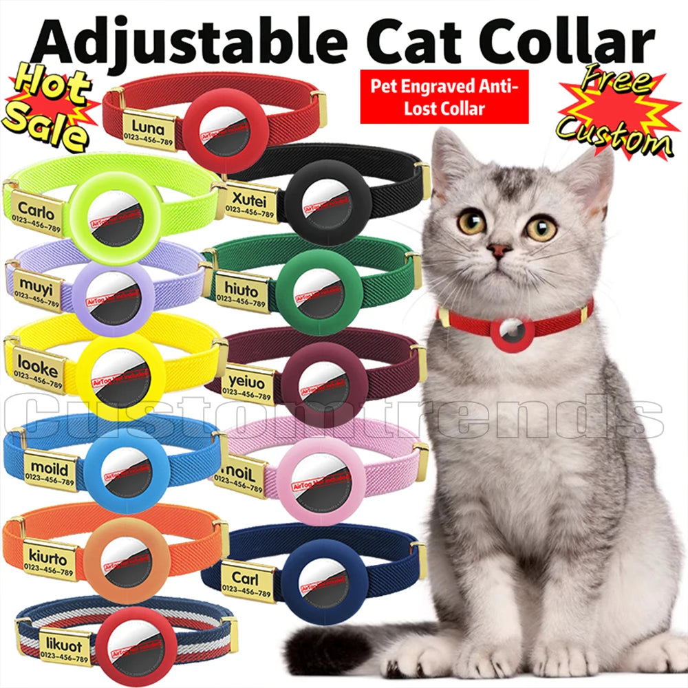 Cute Breakaway Cat Collar with Customized Name Tag Elastic GPS Tracker Kitten Collar with Air Tag Holder Adjustable Pets Collars