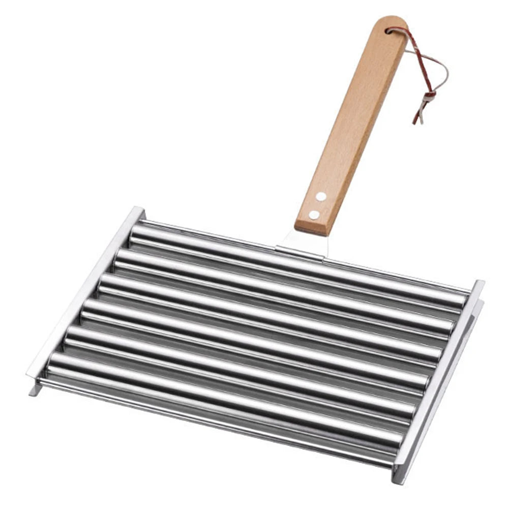 Hot Dog Roller Sausage Roller Rack Stainless Steel Hot Dog Grill Roller with Wooden Handle BBQ Hotdog Roller Grill Accessories