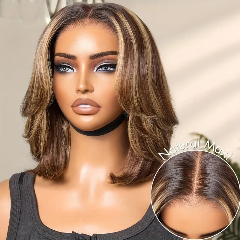 Blonde Highlight Straight Short Bob Ombre Wig 220% Density 4/27 Honey Blonde Lace Front Straight Wigs Human Hair For Women