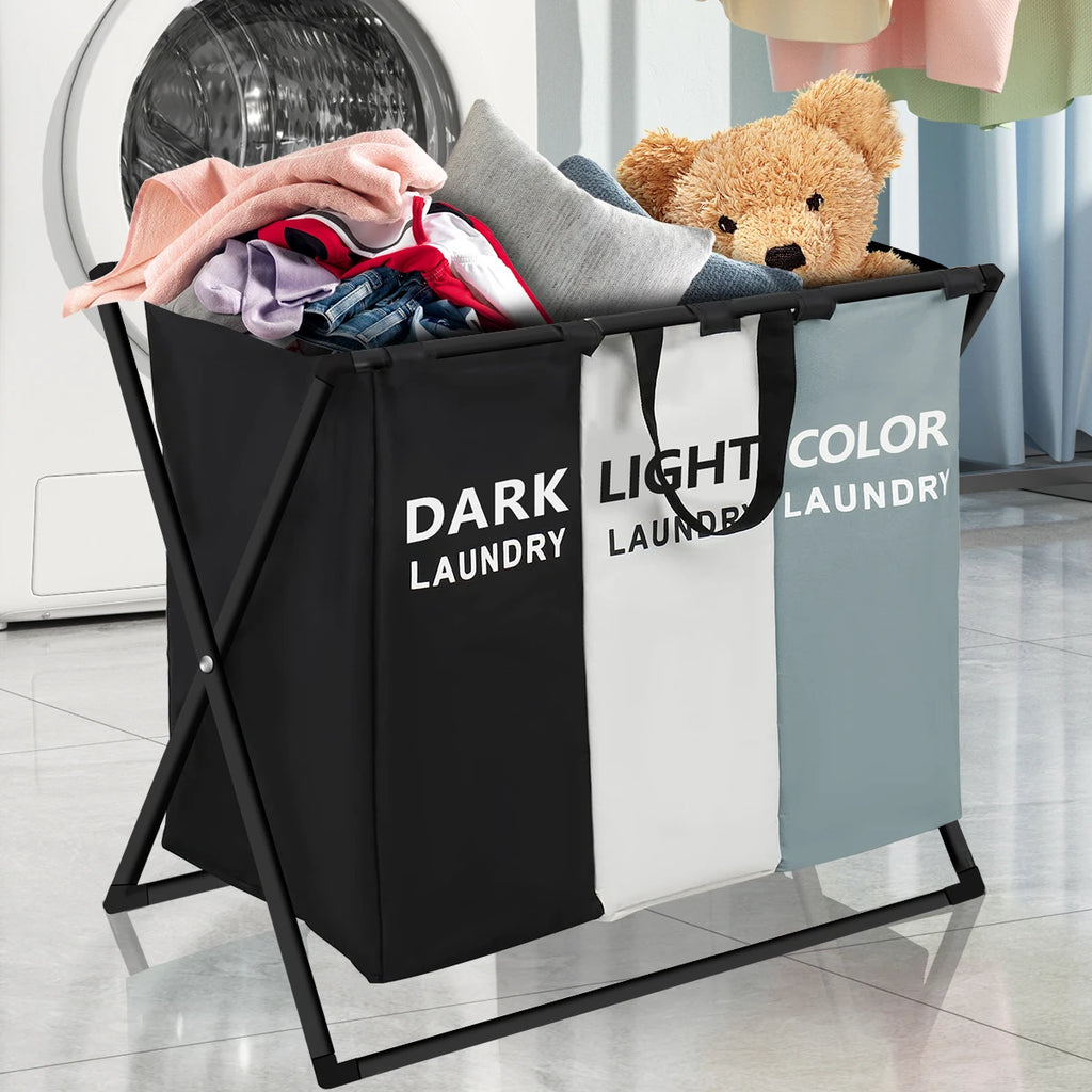 3 Sections Divided Laundry Basket Large Laundry Hamper Foldable Washing Bin Dirty Cloth Storage Bag Home Storage