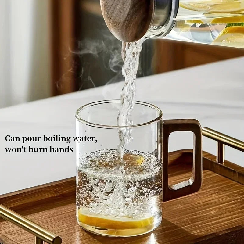 1pcs 400ml/500ml Walnut Wood Handle Glass Cup for Home and Office Use, Drinking Cup, High Temperature Resistant, Guest Water Cup