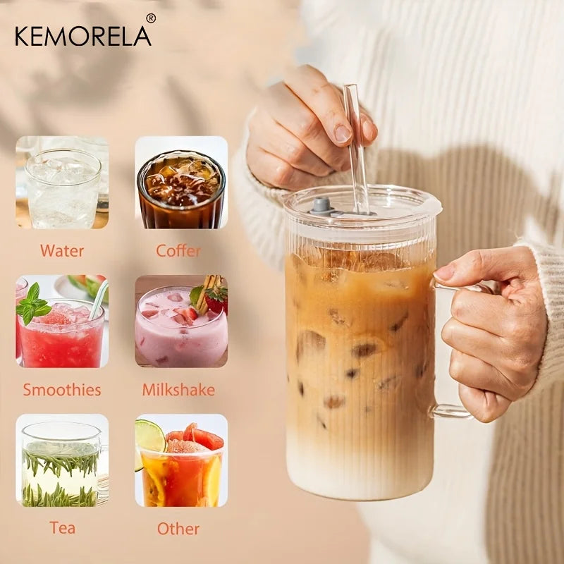 KEMORELA 740ML Ribbed Glass Tumbler Set of 1/2 with Handle Lid And Reusable Straws for Iced Coffee Clear Large Drinkware